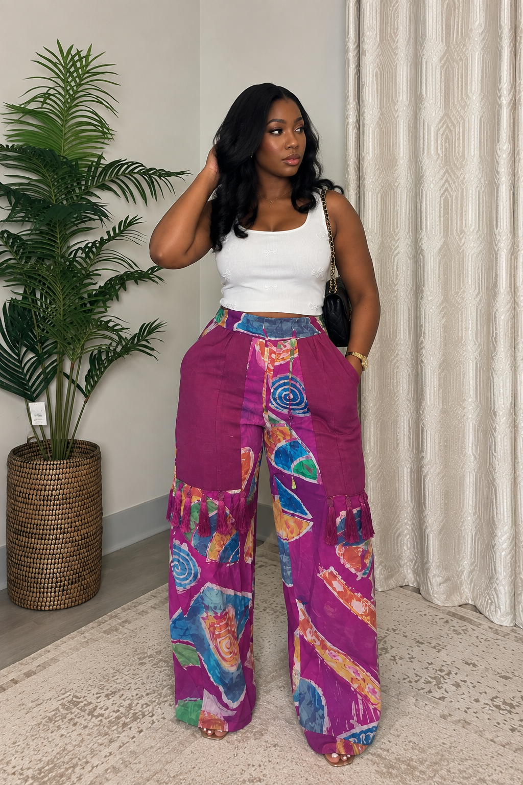 Fuchsia Tassel Wide-Leg Pants