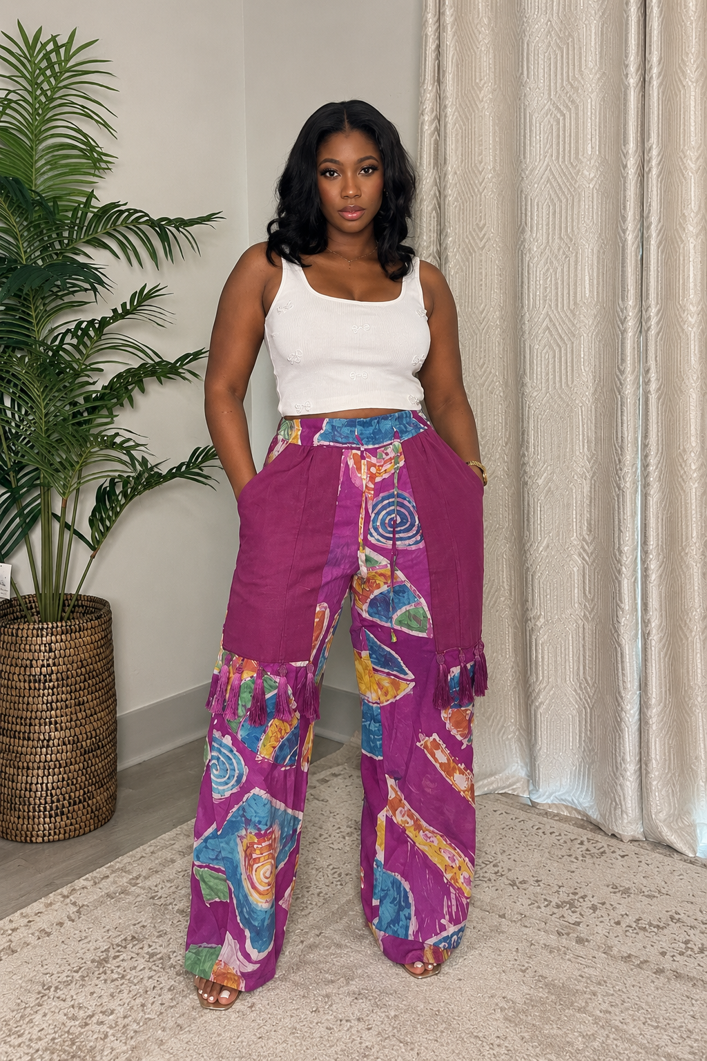 Fuchsia Tassel Wide-Leg Pants