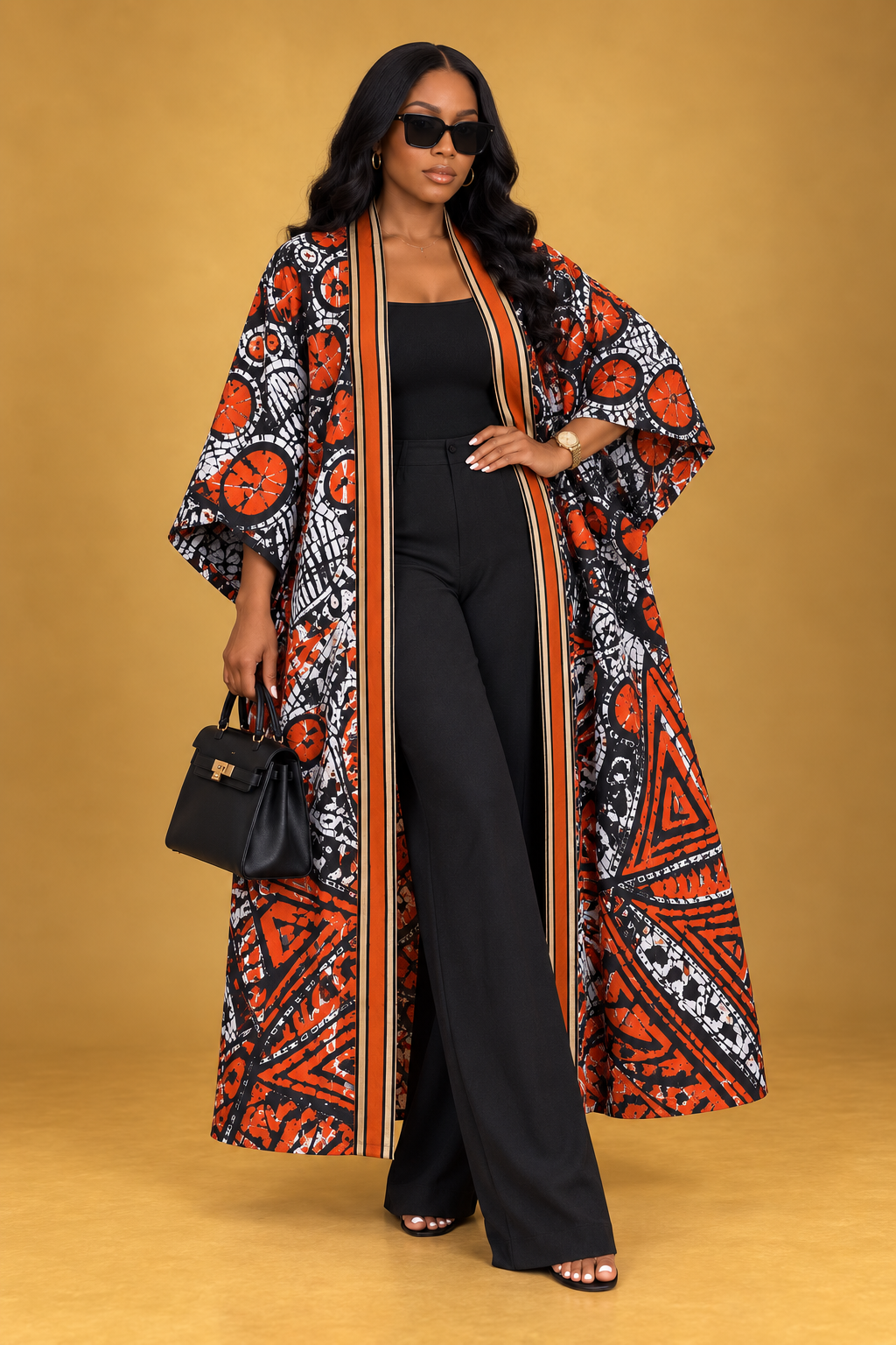 Model wearing the Ember Long Kimono in orange, black and white African Adire print by ILÉ AYỌ̀KÁ.