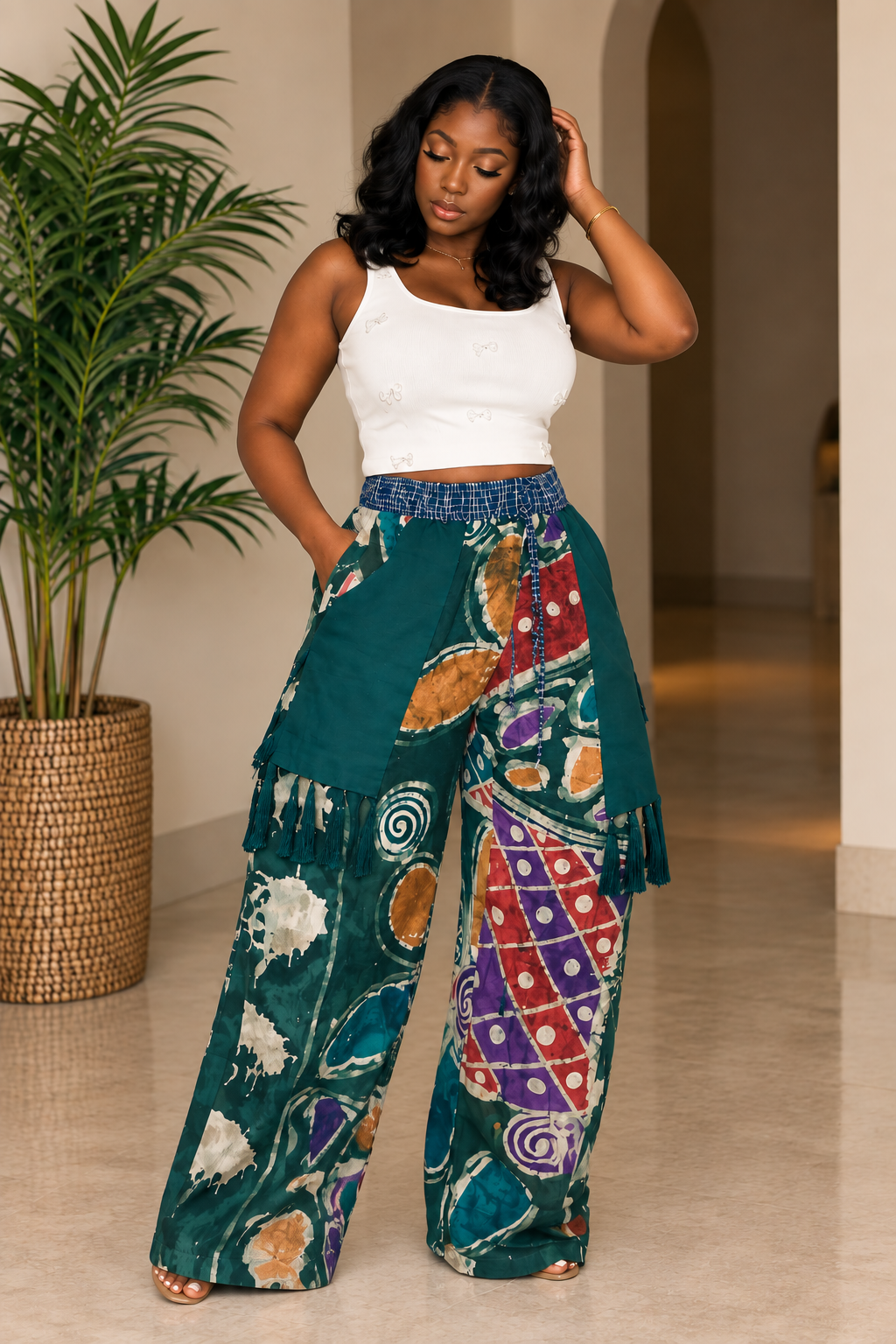 Model wearing teal batik wide-leg pants with multicolor print, layered panels and tassel details by ILÉ AYỌ̀KÁ.