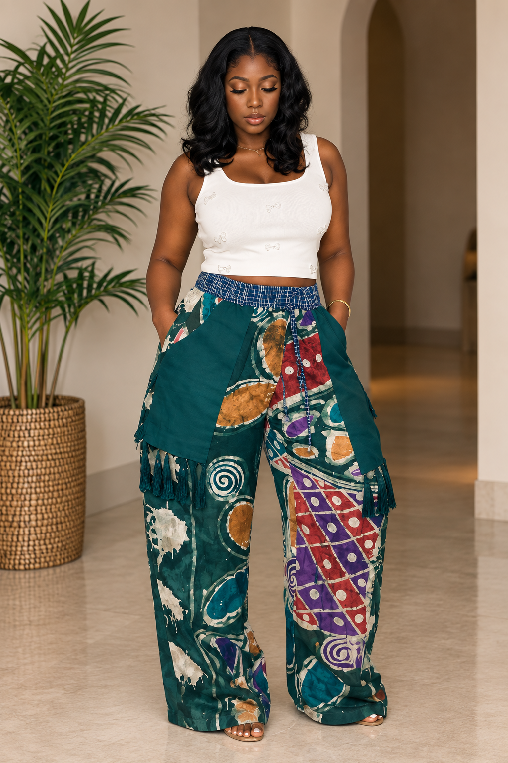 Model wearing teal batik wide-leg pants with multicolor print, layered panels and tassel details by ILÉ AYỌ̀KÁ.
