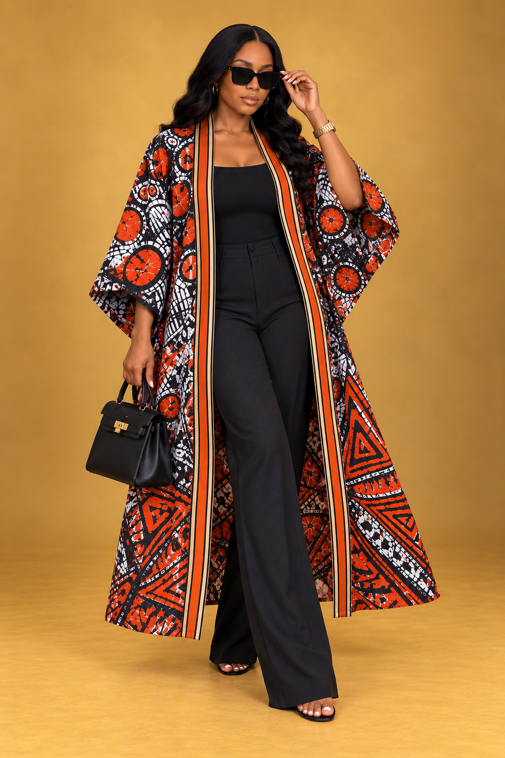 Model wearing the Ember Batik Long Kimono in orange, black and white African batik print by ILÉ AYỌ̀KÁ.