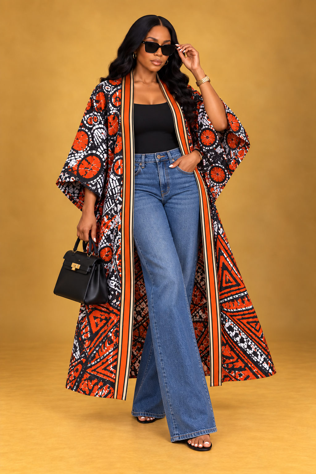 Model wearing the Ember Batik Long Kimono in orange, black and white African batik print by ILÉ AYỌ̀KÁ.